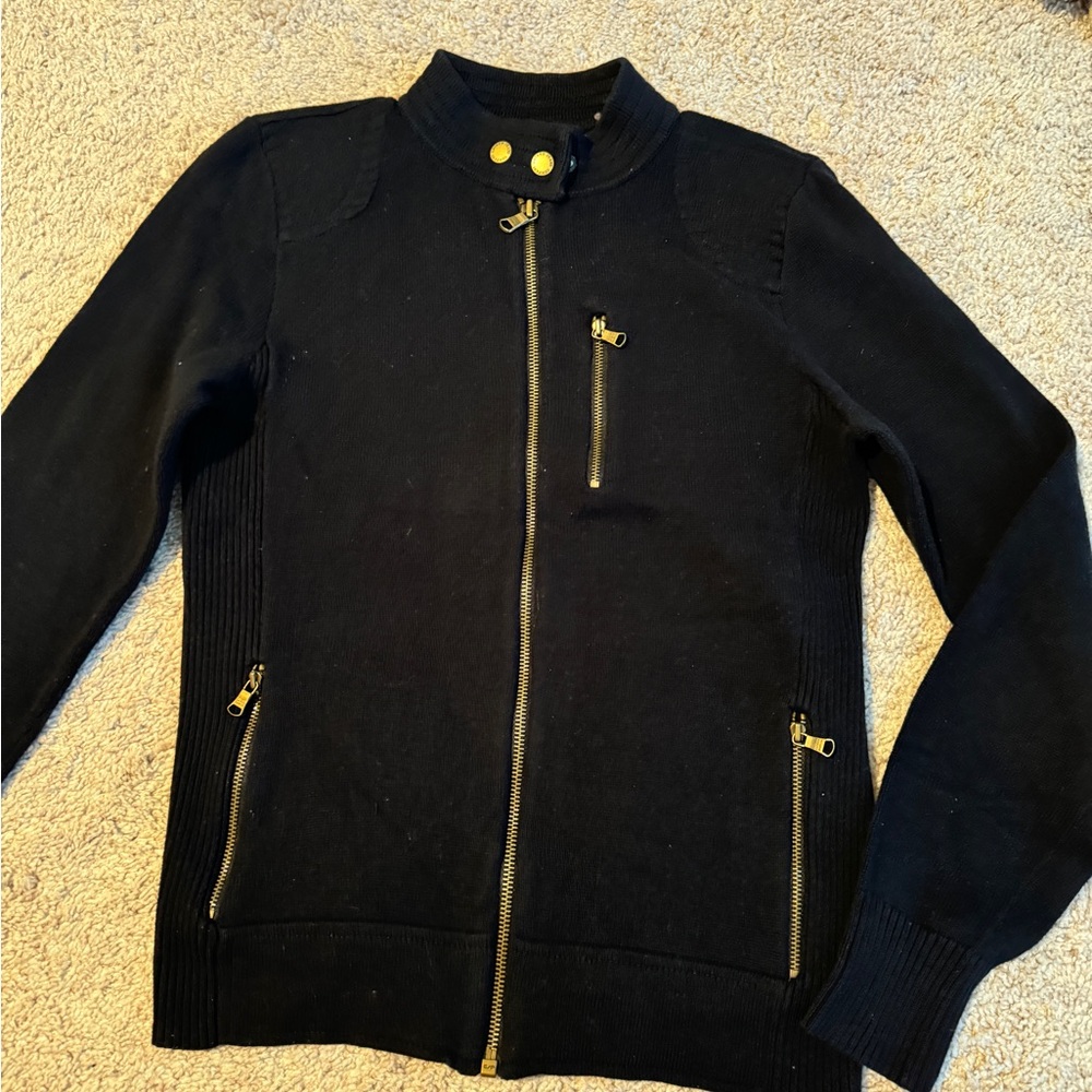 Vintage Ralph Lauren LRL Black Cotton Knit Cardigan Jacket Gold Zippers Snaps S